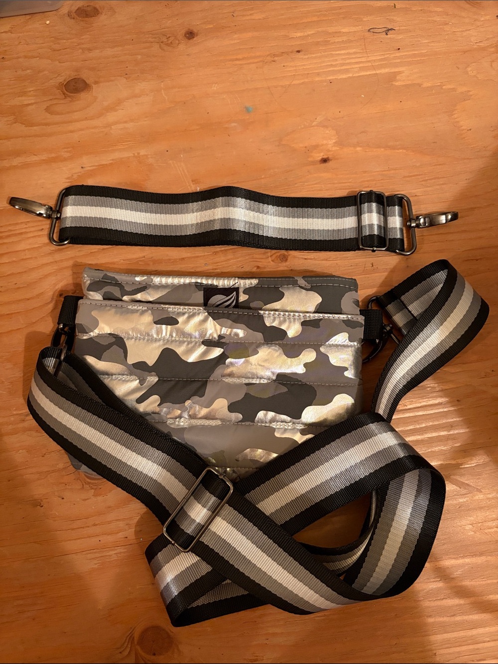 THINK ROYLN Metallic Gray Camouflage Quilted Crossbody with Striped Strap